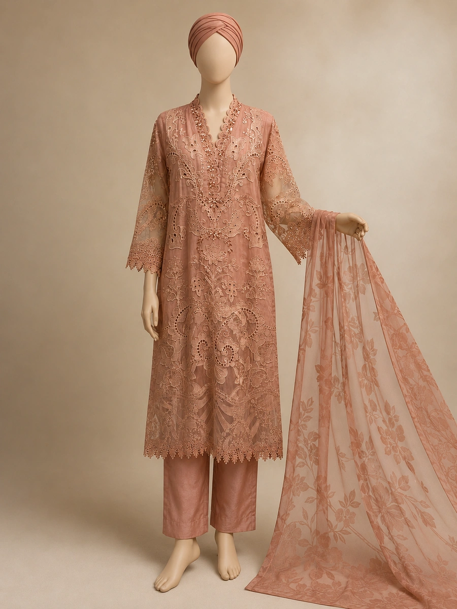 3 Piece - Embroidered Organza Suit