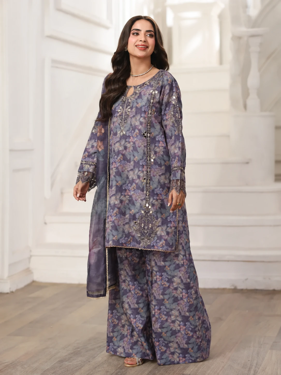 (BLP03) 3 Piece - Embroidered Printed  SUIT - Image 3