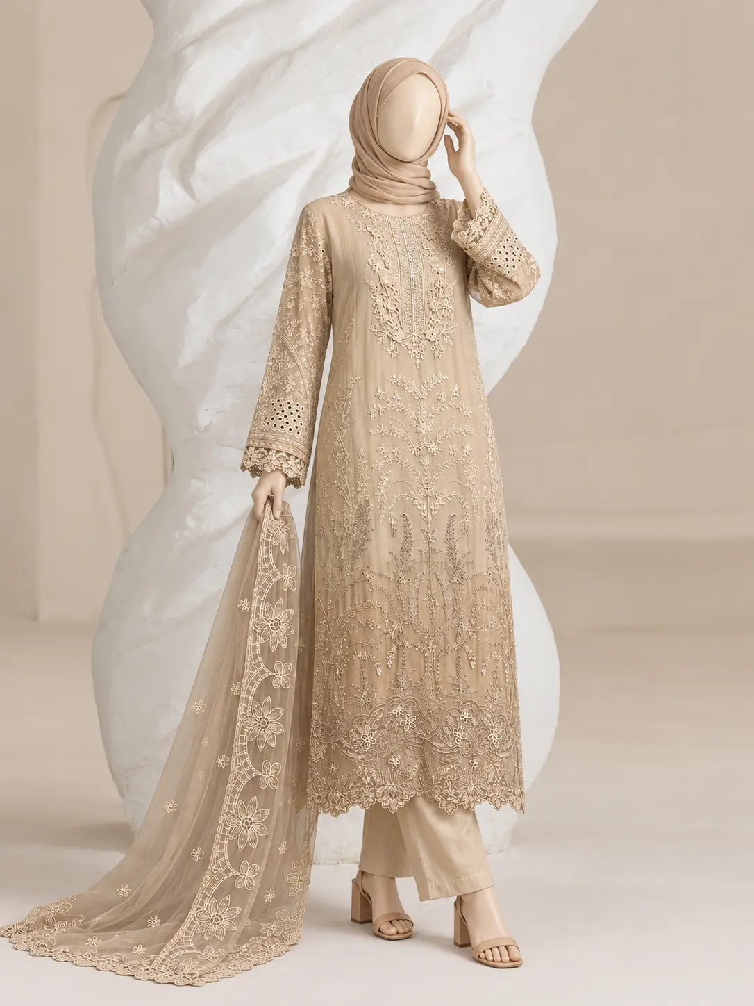 (F-44) 3 Piece - Embroidered CHIFOON SUIT