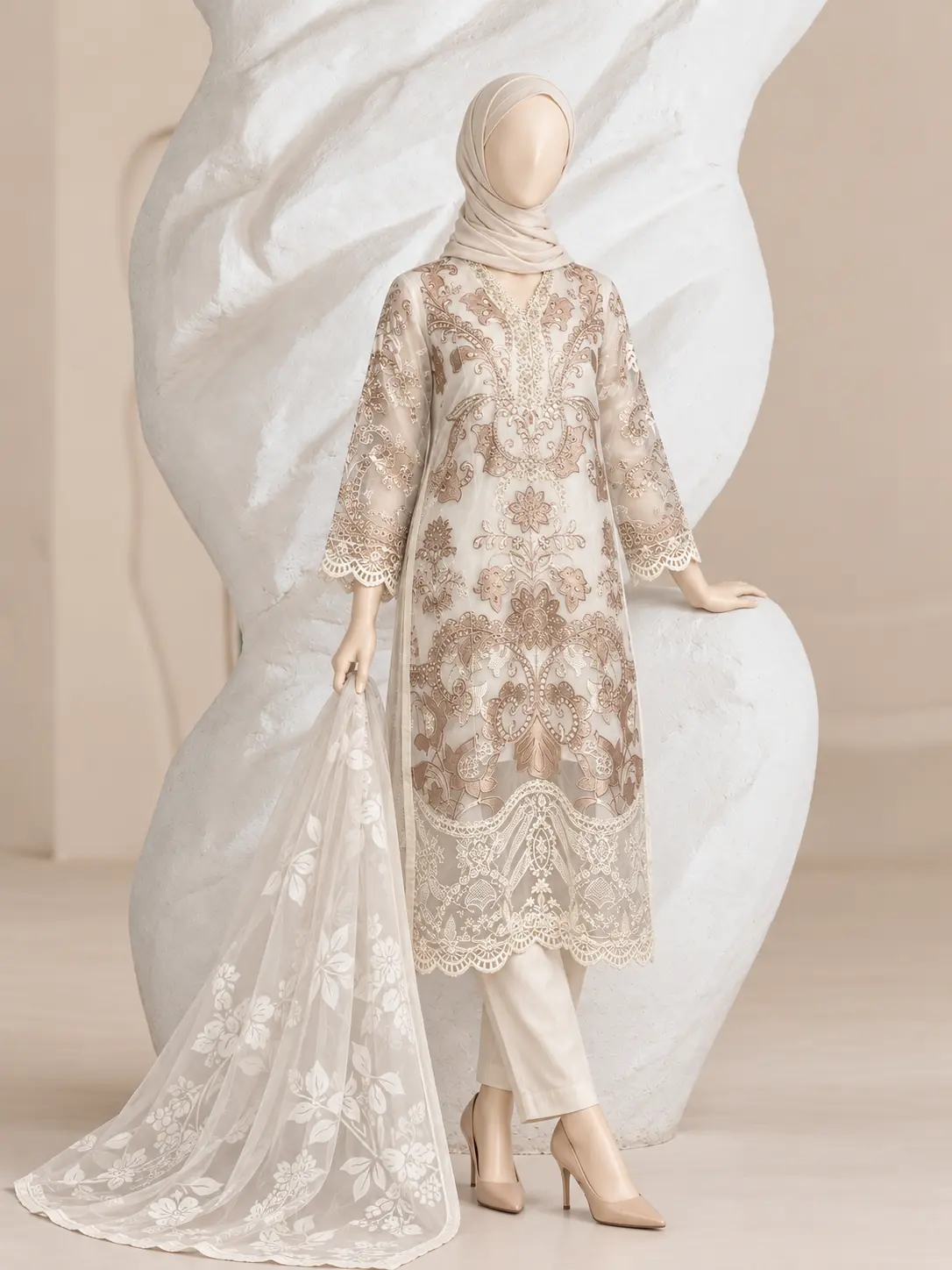 (F-23) 3 Piece - Embroidered Organza Suit