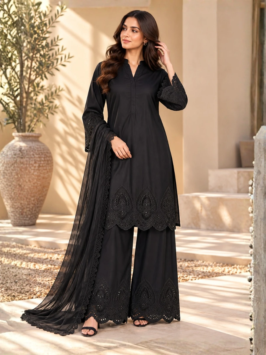 ML-(11) 3 Piece - Embroidered  STONE LENEN  SUIT