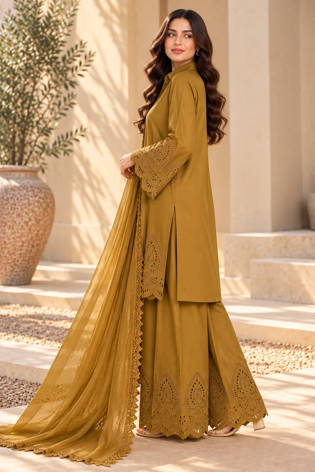 ML-(11) 3 Piece - Embroidered STONE  LENEN  SUIT - Image 4
