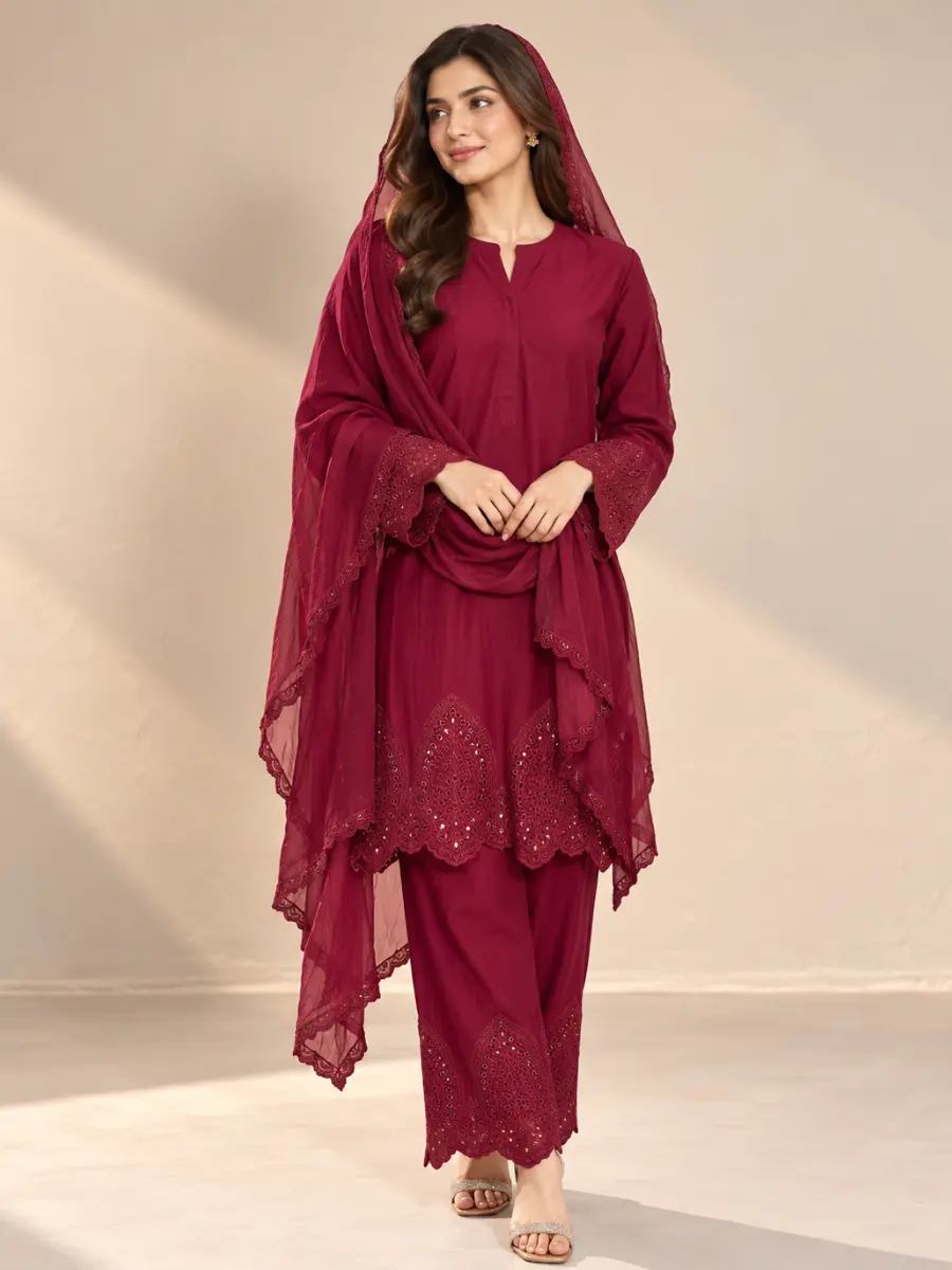 ML-(11) 3 Piece - Embroidered STONE  LENEN  SUIT