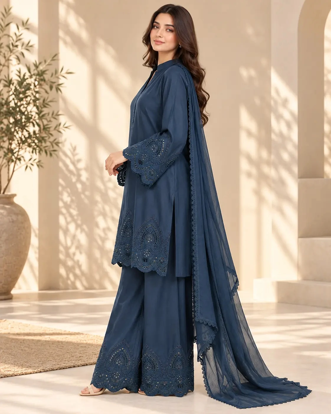 ML-(11) 3 Piece - Embroidered STONE  LENEN  SUIT - Image 4
